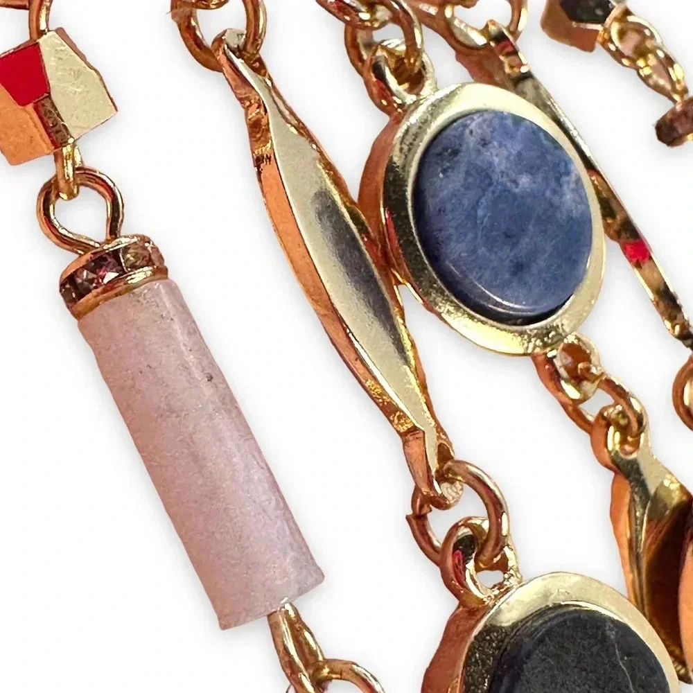 White House Black Market Long Necklace Dangle Fringe Gold Blue Adjustabl…